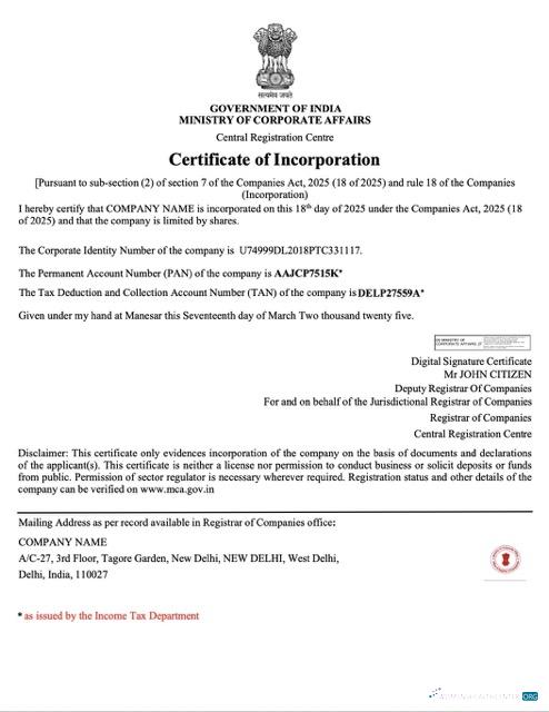 Download India certificate of incorporation Word and PDF template Photoshop template